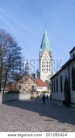The paved streets of Paderborn, Germany. With the Cathedral in the background