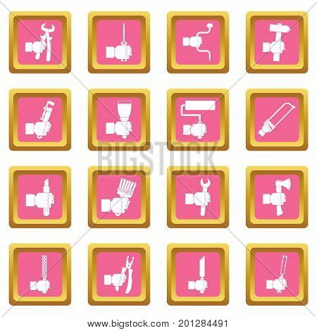 Hand tool icons set in pink color isolated vector illustration for web and any design