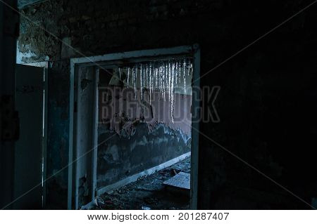 Icicles in the disintegrated cinema building in Pripyati