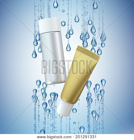 Cream bottle mock up in water splash on blue background. 3D illustration