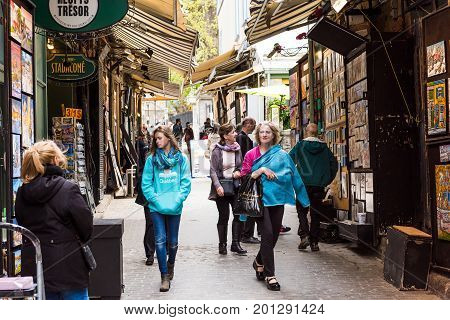Quebec City, Canada - May 29, 2017: Old Town Street Rue Tresor With Artist Shops And People Walking