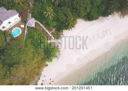 Big Sign Happy Birthday on the Sandy Beach by the Andaman Sea in Phuket, Thailand