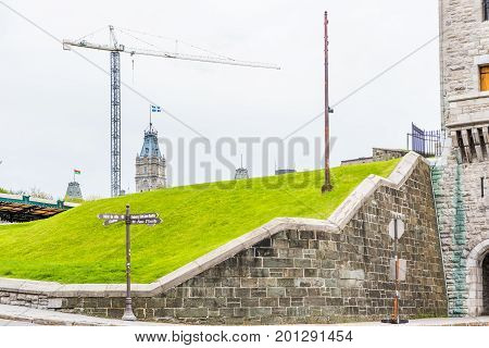 Quebec City, Canada - May 29, 2017: Cityscape And Park In Old Town By Hotel De Ville City Hall With