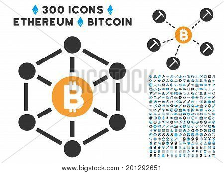 Bitcoin Finance Netwok pictograph with 300 blockchain, bitcoin, ethereum, smart contract symbols. Vector icon set style is flat iconic symbols.