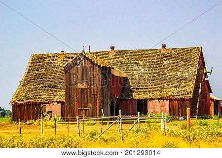 Old Wooden Barn With Roof In Disrepair