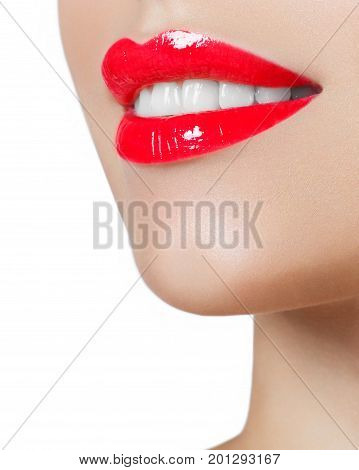 Sexy Lips. Beauty Red Lips Makeup Detail. Beautiful Make-up Closeup. Sensual Open Mouth. lipstick or Lipgloss