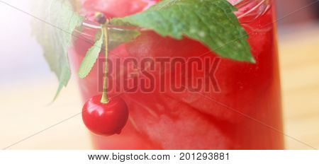 Watermelon Cherry Cocktail, A Summer Drink. Cherry On The Glass.
