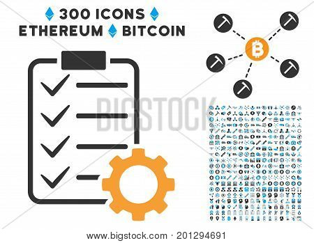 Smart Contract Gear pictograph with 300 blockchain, bitcoin, ethereum, smart contract images. Vector icon set style is flat iconic symbols.