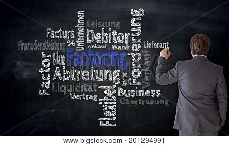Businessman Writes Factoring Cloud On Blackboard Concept
