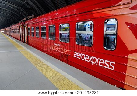 DOMODEDOVO RUSSIA JULY 28 2017 Electric train ED4M of Aeroexpress company on the platform of Domodedovo station