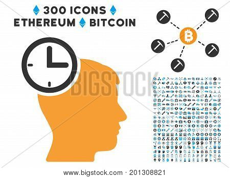 Time Management Head icon with 300 blockchain, bitcoin, ethereum, smart contract pictures. Vector clip art style is flat iconic symbols.