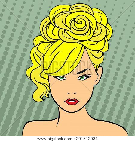 Attractive bright blond girl with high hairdo on the retro style dots background color vector artwork