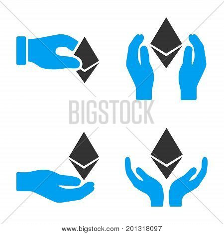 Ethereum Offfer Hands vector icon set. Style is bicolor flat symbols.