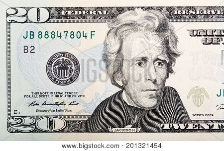 Twenty paper U.S. dollars bill macro. High resolution photo
