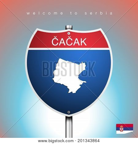 An Sign Road America Style with state of Serbia with blue background and message Cacak and map vector art image illustration