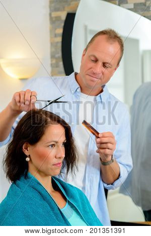 Hairdresser Cutting Hair Of Woman