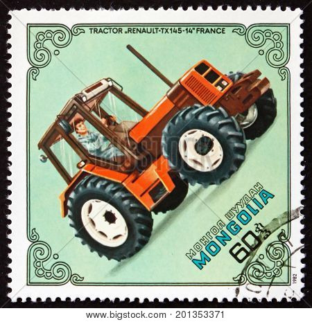 MONGOLIA - CIRCA 1982: a stamp printed in Mongolia shows Tractor Renault TX-145-14 France circa 1982