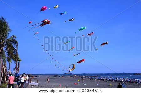 Colorful Kites During Beach Festival