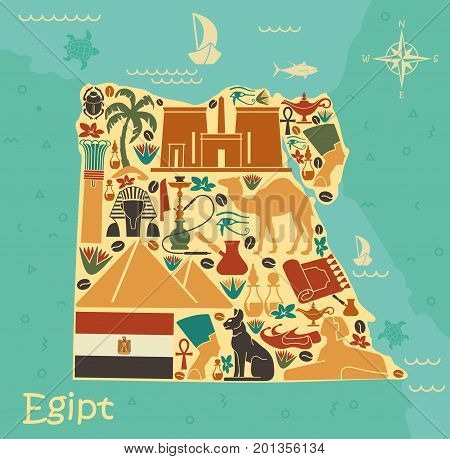 A stylized map of Egypt traditional architectural and cultural symbols