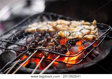 grill sate and tempe at iconic traditional food angkringan photo taken in jogja yogyakarta indonesia java