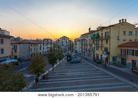 VERONA ITALY- September 08 2016: City landscape on the early morning and view on the Piazza XVI Ottobre in the city center of Verona.