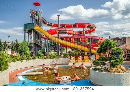 BESENOVA SLOVAKIA - AUGUST 26: People relaxing in pool at aquapark on August 26 2017 in Besenova