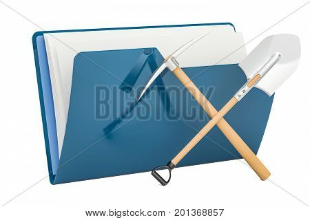 Computer folder icon with crossed pickaxe and spade 3D rendering isolated on white background