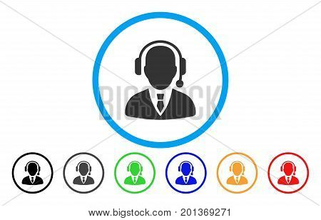 Dispatcher vector rounded icon. Image style is a flat gray icon symbol inside a blue circle. Additional color variants are gray, black, blue, green, red, orange.