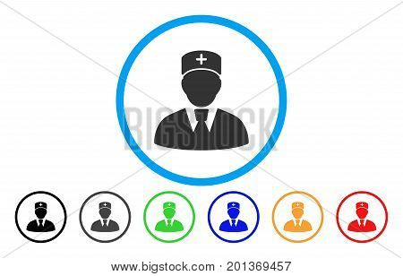 Head Physician vector rounded icon. Image style is a flat gray icon symbol inside a blue circle. Bonus color versions are gray, black, blue, green, red, orange.