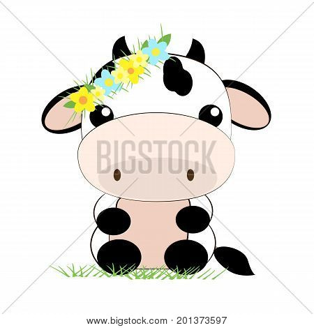 Vector flat illustration. Cute cow flower.Cartoon animal. A nice little cow is sitting on the grass. Wreath of flowers. Flower decoration.