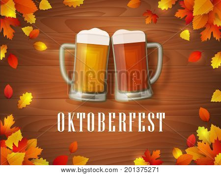 Oktoberfest leaves banner. Vector beer poster with two mugs of craft beer and fallen leaves on the wooden background.