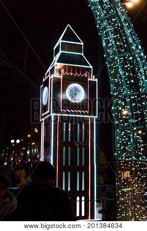 Lighting Decoration As Landmarks Of The World In The City Of Gomel During New Year Festival Celebrat