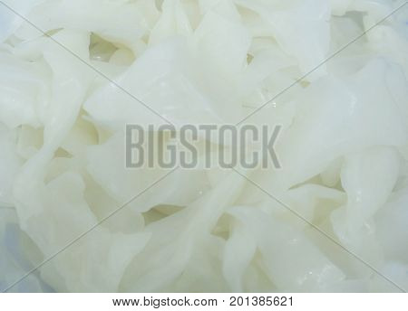Cuisine and Food Close Up of Boiled Flat Noodles or Wide Rice Noodles Made of Rice Flour and Water.