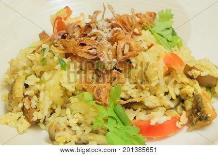 Thai Food and Cuisine Green Curry Fried Rice and Salted Fish Served with Crispy Onions.