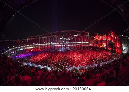 Cluj-Napoca, Romania - August 3, 2017: Crowd having fun at Dannic, a Dutch DJ and EDM producer, live concert at Untold Festival, the Best Major Music Festival of Europe