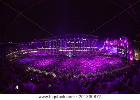 Cluj-Napoca, Romania - August 3, 2017: Crowd having fun at Dannic, a Dutch DJ and EDM producer, live concert at Untold Festival, the Best Major Music Festival of Europe