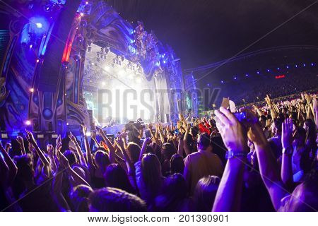 Cluj-Napoca, Romania - August 3, 2017: Crowd having fun at Dannic, a Dutch DJ and EDM producer, live concert at Untold Festival, the Best Major Music Festival of Europe