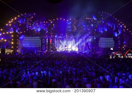 Cluj-Napoca, Romania - August 3, 2017: Crowd having fun at Dannic, a Dutch DJ and EDM producer, live concert at Untold Festival, the Best Major Music Festival of Europe