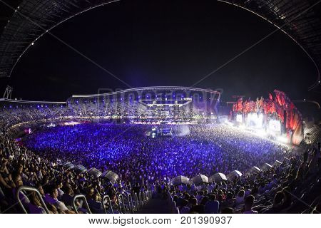 Cluj-Napoca, Romania - August 3, 2017: Crowd having fun at Dannic, a Dutch DJ and EDM producer, live concert at Untold Festival, the Best Major Music Festival of Europe