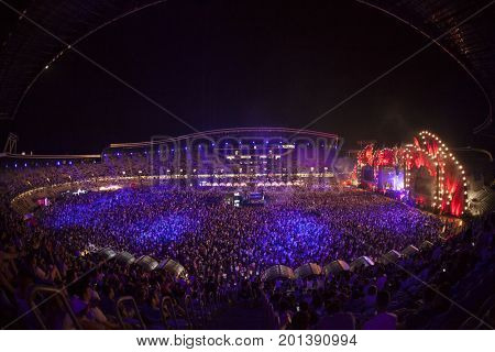 Cluj-Napoca, Romania - August 3, 2017: Crowd having fun at Dannic, a Dutch DJ and EDM producer, live concert at Untold Festival, the Best Major Music Festival of Europe