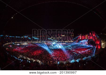 Cluj-Napoca, Romania - August 3, 2017: Crowd having fun at Dannic, a Dutch DJ and EDM producer, live concert at Untold Festival, the Best Major Music Festival of Europe