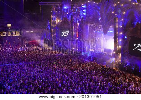 Cluj-Napoca, Romania - August 3, 2017: Crowd having fun at Dannic, a Dutch DJ and EDM producer, live concert at Untold Festival, the Best Major Music Festival of Europe
