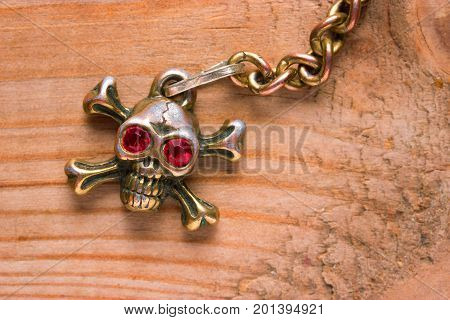 Close Up Of Metal Skull With Red Eyes