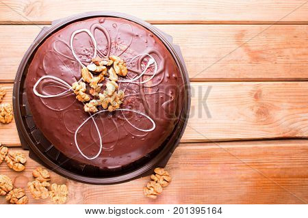 big chocolate cake. hight ungle. copy space