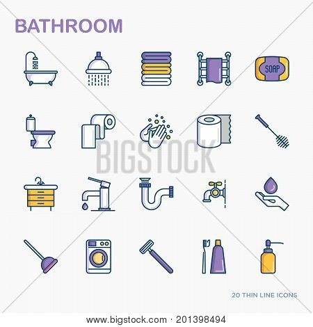 Bathroom equipment thin line icons. Hygiene, purity, beauty, plumber related icons. Vector illustration.