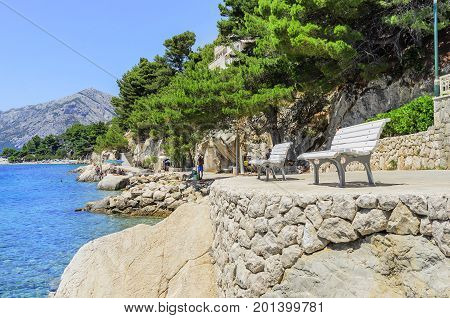 BRELA, CROATIA - 6 JULY, 2017: Sea coast and beaches of Brela Croatia