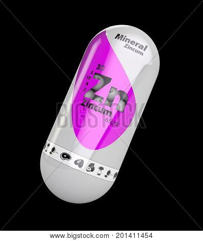 3D Illustration Of Mineral Zn Zincum Pink Shining Pill Capsule. Isolated Black