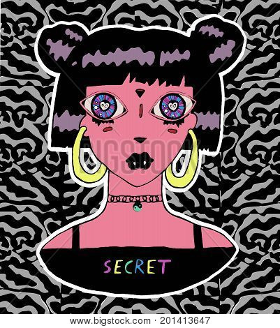 Cute vampire girl sticker, retro 90s style.Can be used as a print on t-shirts and bags or poster.Vector