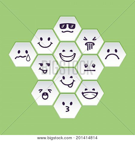 Vector set of white hex head with emotion signs. Geometru shapes with drawn faces