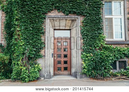 Ancient building with wooden door and ivy